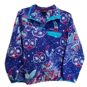 Patagonia Owl Print Fleece Synchilla pullover M woman’s blue snap sweatshirt